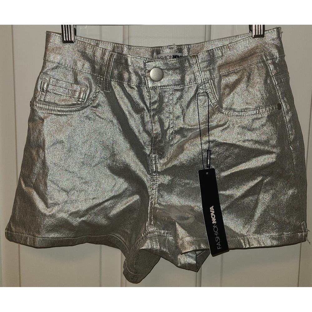 Fashion Nova Attention Seeker Nylon Metallic Short- Silver Womens Med NWT Disco